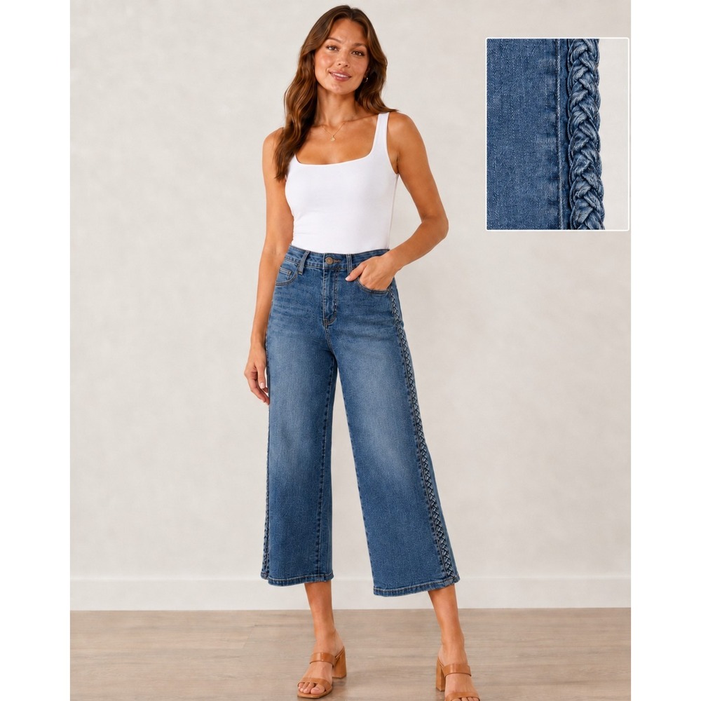 Judy Blue High Rise Braided Side Seam Crop Wide Leg Jeans Size 11  Medium Wash